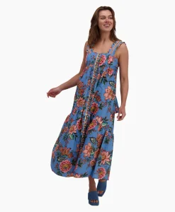 Farm Rio Maxi Jurk Wonderful Bouquet Blue Sleeveless Blauw*Dames Bruiloftskleding