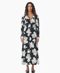 Ganni Maxi Jurk Printed Crepe V-Neck Zwart*Dames Jurken
