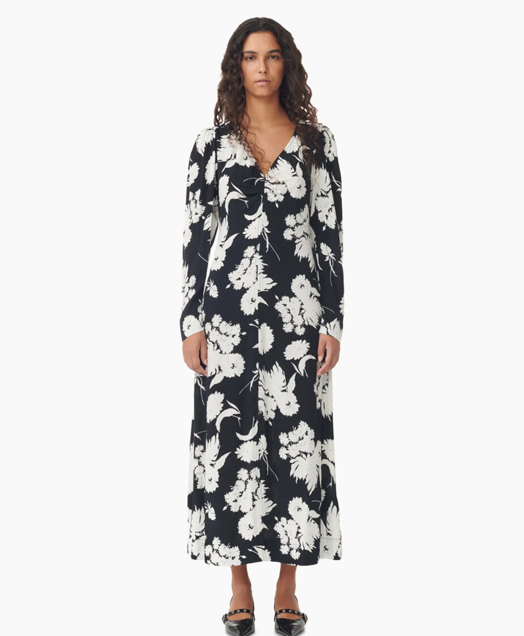 Ganni Maxi Jurk Printed Crepe V-Neck Zwart*Dames Jurken