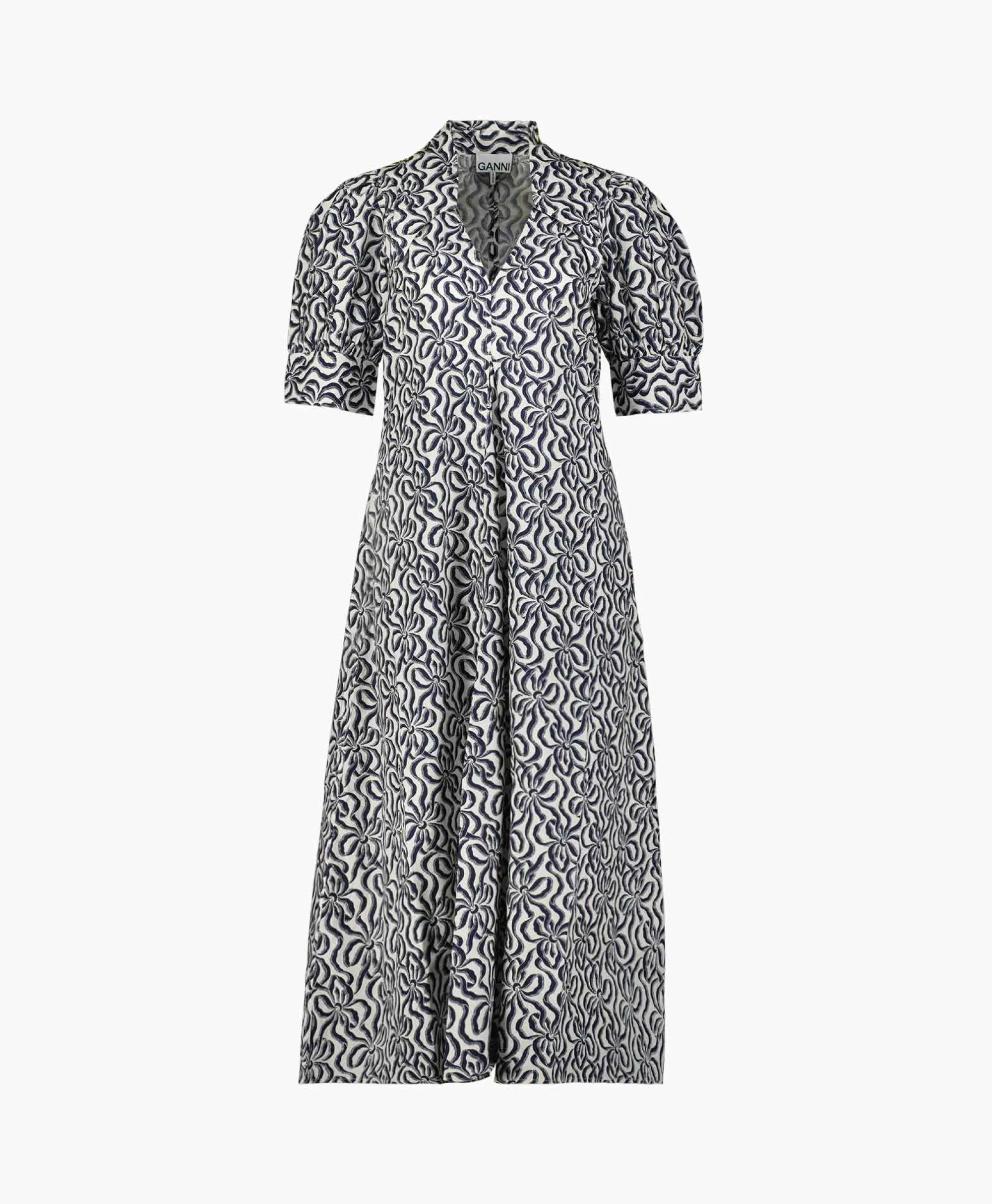 Ganni Midi Jurk Printed Cotton V-Neck Long Ecru*Dames Jurken