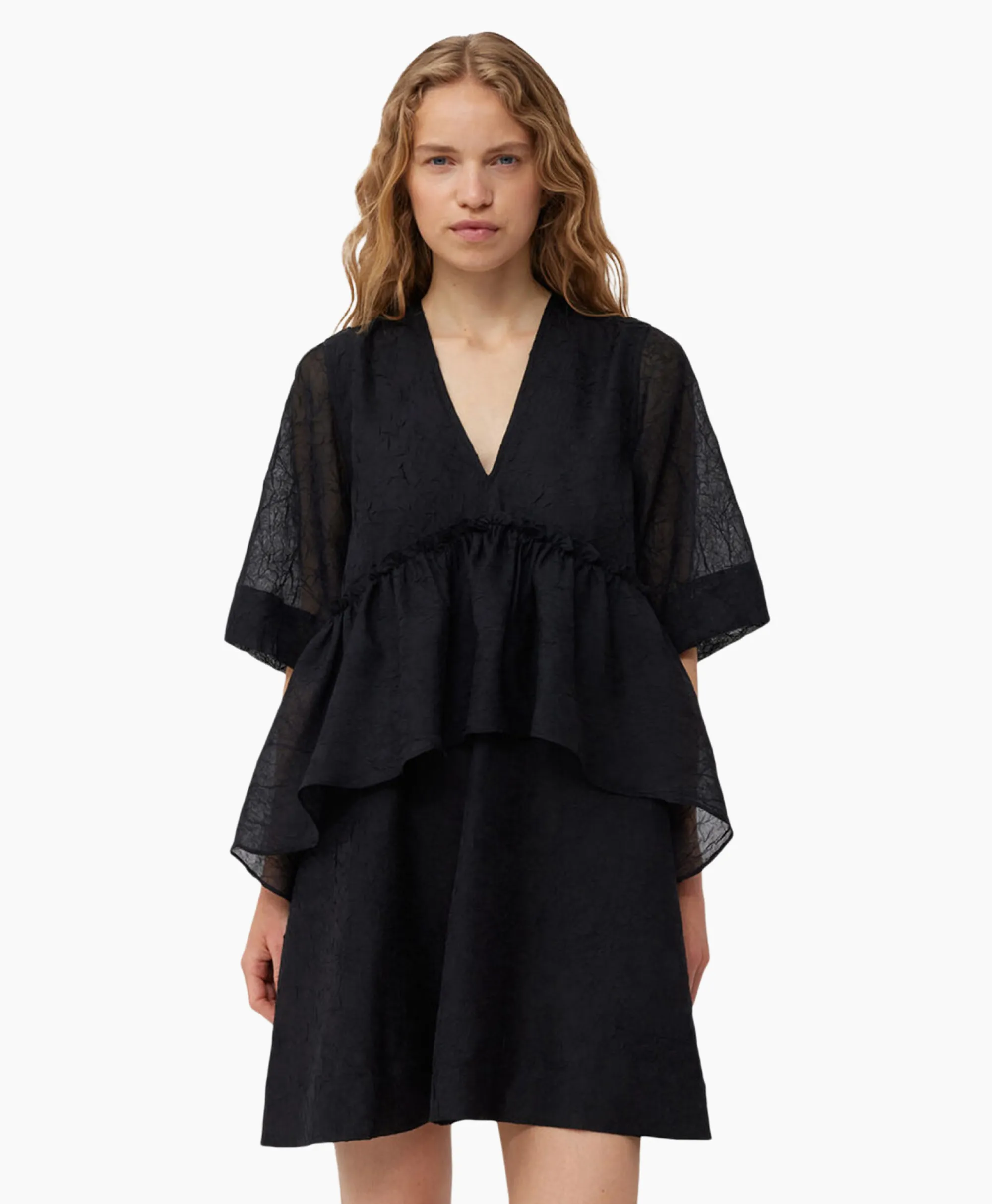 Ganni Mini Jurk Crinkled Georgette Flounce Zwart*Dames Jurken