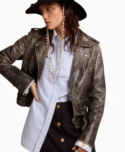 Golden Goose Leren Jas Golden W's Chiodo Distressed Bull Leathe Zwart*Dames Jassen